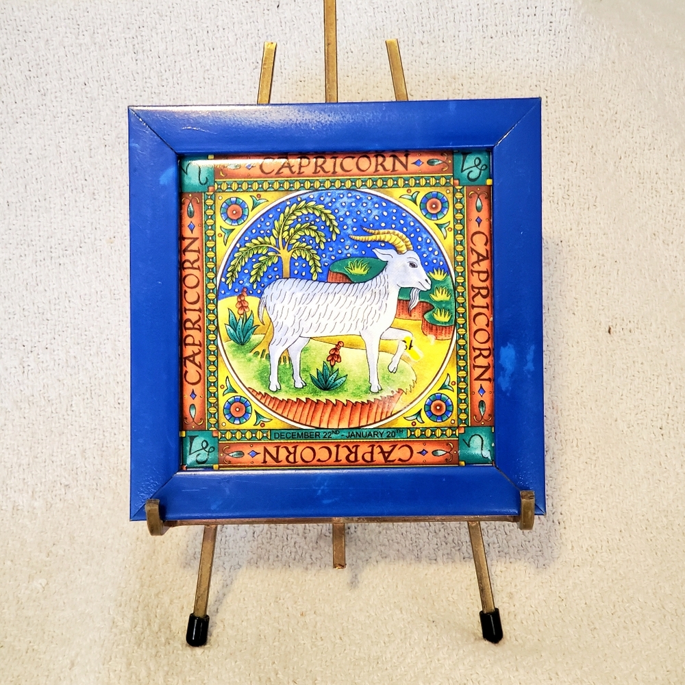 Vintage framed Capricorn zodiac ceramic tile wall hanging